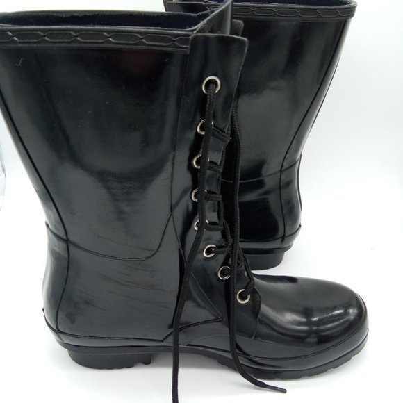 ROMA Black Epaga Lace Up Rain Rubber Combat Boots Sz 8 - Picture 6 of 12